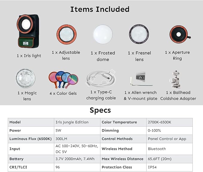 Iris Portable LED Photography Light Kit with LCD Display, App Control, CRI/TLCI 96+, 2700-6500K Bi-Color Indoor/Outdoor Lighting for Content Creators, Jungle Edition, 5W