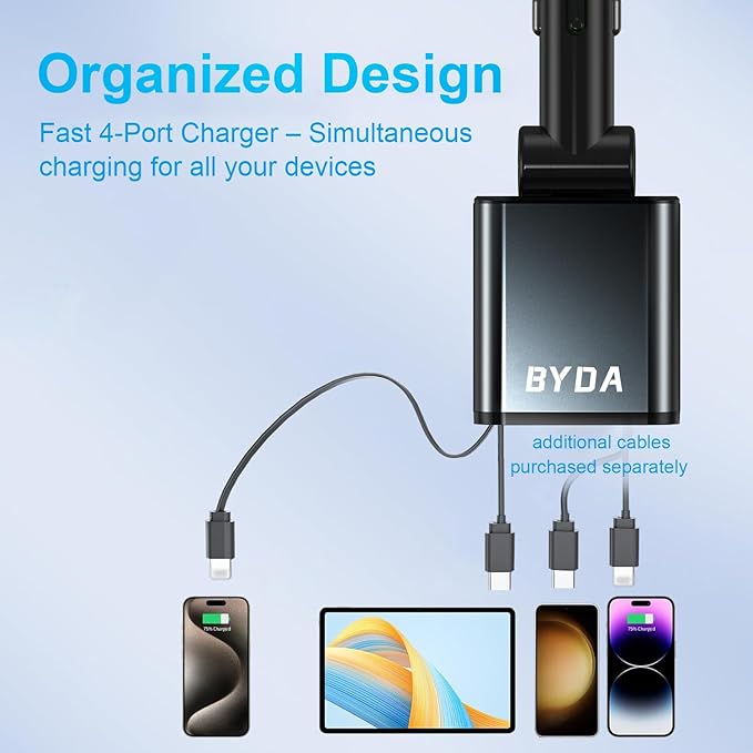 Retractable Car Charger, 4 in 1 Fast Charging USB-C & USB-A Compatible with iPhone 16/15/14/13/12/11 Pro Max, 69W Fast Car-Charger Cigarette Lighter Adapter for Galaxy, Pixel (Light-ning+USB-C) Black