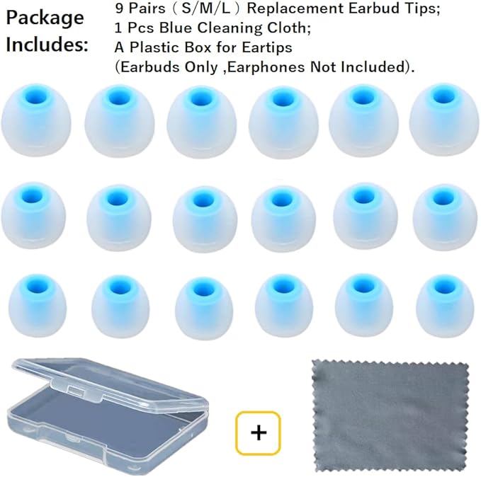 Earbud Tips Replacement Earbud Tips Ear Bud Replacement Pieces Silicone Soft and Comfortable Fit for Inner Hole from 3.8mm - 5.1mm Earphones 9 Pairs S/M/L Clear Blue