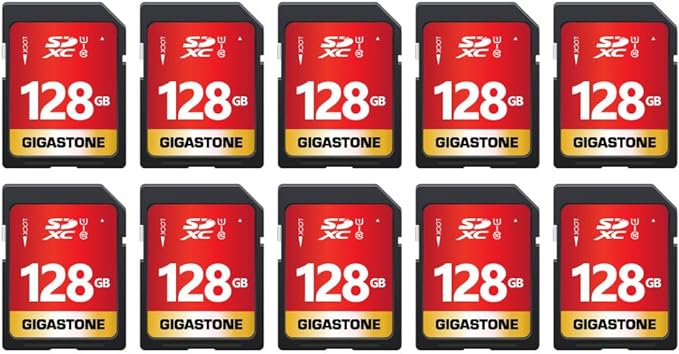 GIGASTONE 128GB SD Card 10-Pack UHS-I U1 Class 10 SDXC Memory Card Full HD Video for Canon Digital Camera, Full-Sized SD Card, with 10 mini case