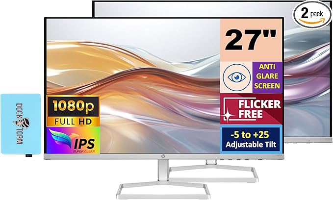 HP Series 5 527sf Monitor (Replaces M27f) 27" IPS FHD 300 nits Display, -5 to +25 Degrees Adjustable Tilt, Flicker Free, Anti-Glare, 1x HDMI, Black/Silver w/Dockztorm HUB USB Port Expander (2 Pack)