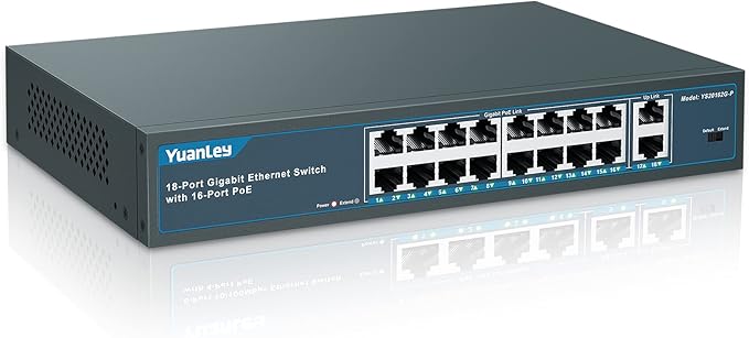 YuanLey 16 Port Gigabit PoE Switch with 2 Gigabit Uplink, 16 PoE+ Port 1000Mbps, 250W 802.3af/at, Metal Desktop/Rackmount, Unmanaged Plug and Play Network Switch