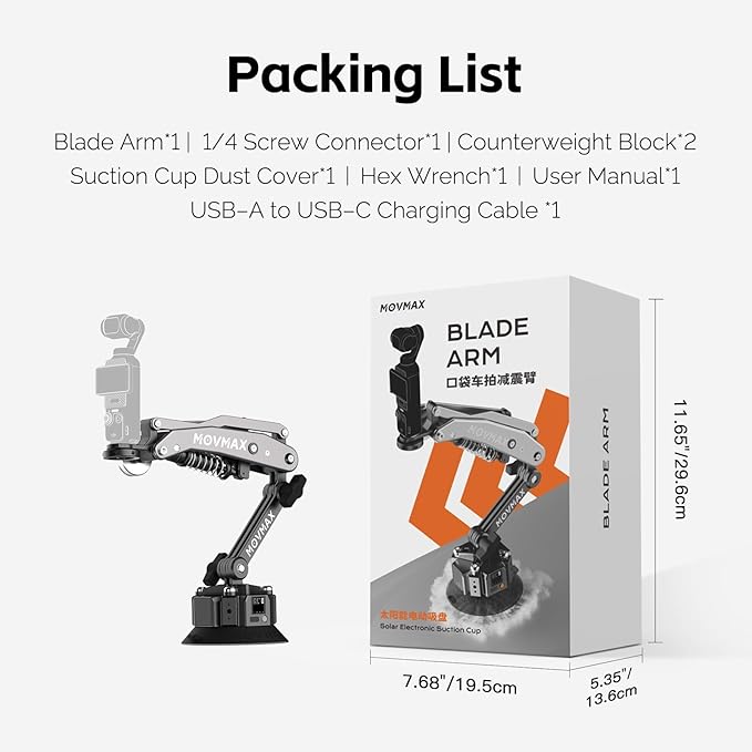 MOVMAX Blade Arm Solar Powered Electronic Suction Kit, Shock Absorber Arm Car Mount for DJI Pocket 3, GoPro Hero 13, 360 Action Cameras with Auto Pressure Detection & LCD Display, Pocket 3 Accessories