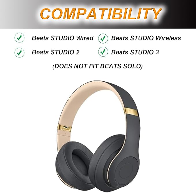 Replacement Ear Pads Cushions for Beats Studio（B0501、B0500），Beats Studio 2 & Studio 3 Wired & Wireless Headphones, Earpads with Soft Protein Leather, Noise Isolation Memory Foam - Grey (Titanium)