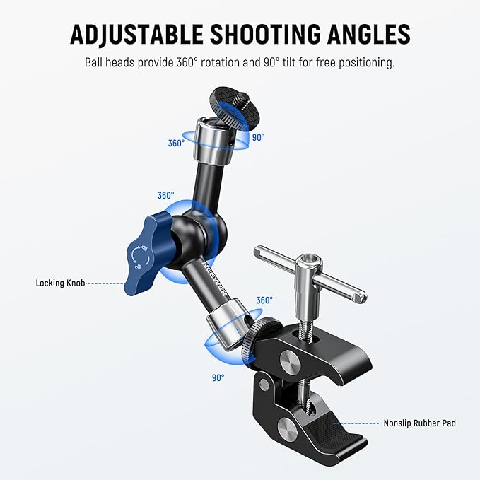 NEEWER 6"/15cm Adjustable Magic Arm with Super Clamp, 1/4" & 3/8" Threads, 1/4" Screws for Flash/LED Light/Microphone/Monitor, Compatible with SmallRig Camera Cage, Max Load: 4.4lb/2kg, ST15C