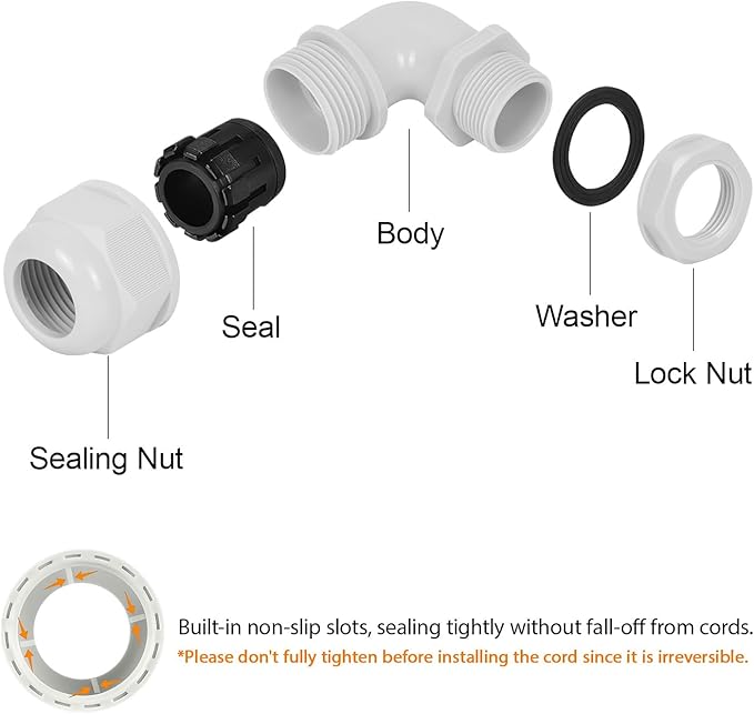 LeMotech M16 Cable Gland, 90 Degree Adjustable 6-10mm Strain Relief, Cord Connectors Nylon Joints with Gaskets, 2 Pcs, Grey