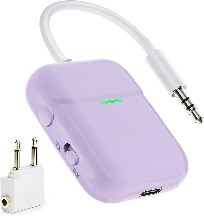 Nulaxy Air in-Flight Bluetooth Wireless Audio Transmitter Receiver for up to 2 AirPods Wireless Headphones, Bluetooth Adapter for All 3.5mm Aux Jacks on Airplanes, Purple
