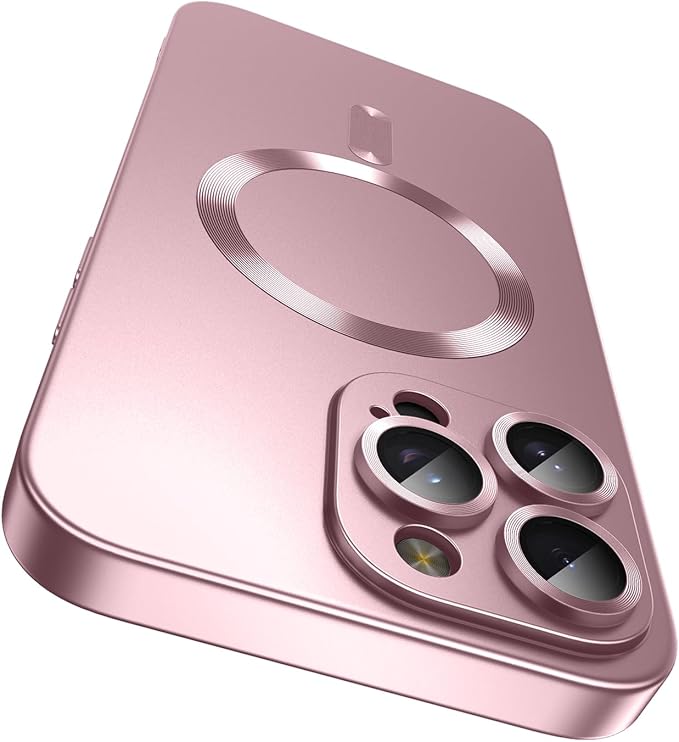 Magnetic for iPhone 15 Pro Max Case [Compatible with MagSafe][Built-in Camera Lens Protector] Slim Soft Silicone Bumper Shockproof Metallic Luster Phone Case (Rose Gold)
