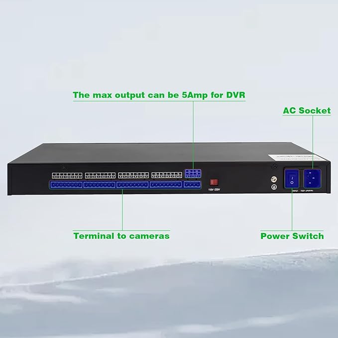 1U 18-Channel Rack Mount Power Supply – 12V 20A DC Output with Reset Fuse, 4 ft Replaceable AC Cord. Ideal for Security Cameras, DVRs, CCTV Systems, by UltraPoE