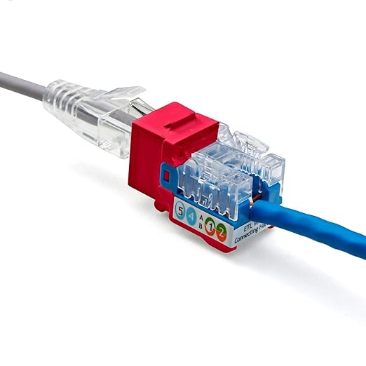 trueCABLE Cat5e Keystone Jack, Unshielded (UTP), 90 Degree Punch-Down, PoE++ (4PPoE) 100W, UL Listed, ETL Verified, ANSI/TIA Certified, Modular RJ45 Female, Red, 48 Pack
