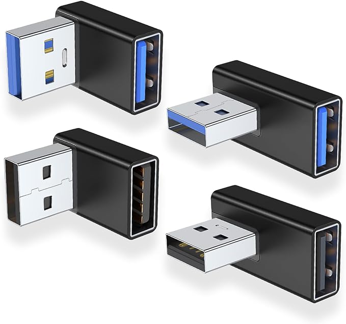 AreMe 90 Degree USB 3.0 Adapter 4 Pack, Up and Down Angle, Left and Right Angle USB A Male to Female Converter Extender for PC, Laptop, USB A Charger, Power Bank and More (Black)