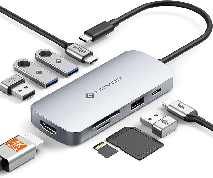 USB C Hub, 9 in 1 USB C Multiport Adapter with 4K@60Hz HDMI, 5 USB Ports, 100W PD, SD/TF USB C Adapter, USB C to HDMI Adapter, USB C Dock for MacBook Pro/Air, HP, DELL, Lenovo, ASUS Laptops NOVOO