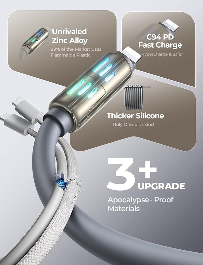 LISEN USB C to Lightning Cable, 240W 4 in 1 Charging Cable 6.6FT, Chubby USB A/C to C/Lightning with Light for iPhone 16e 16 15 14 Pro/MacBook/iPad/Samsung S25/Switch 2, Multi Chargers for All Devices