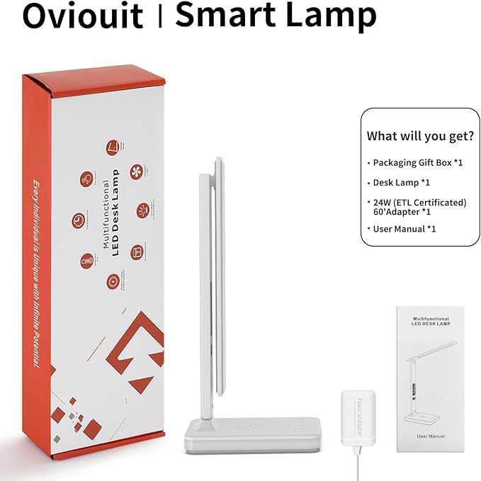 LED Desk Lamp for Home Office, USB Charging Port, Reading Lamp Desk Light with 5 Brightness, 3 Colors, Table Lamp with Clock, Alarm, Date, Temperature, Desk Lamp for College Dorm Room (White)
