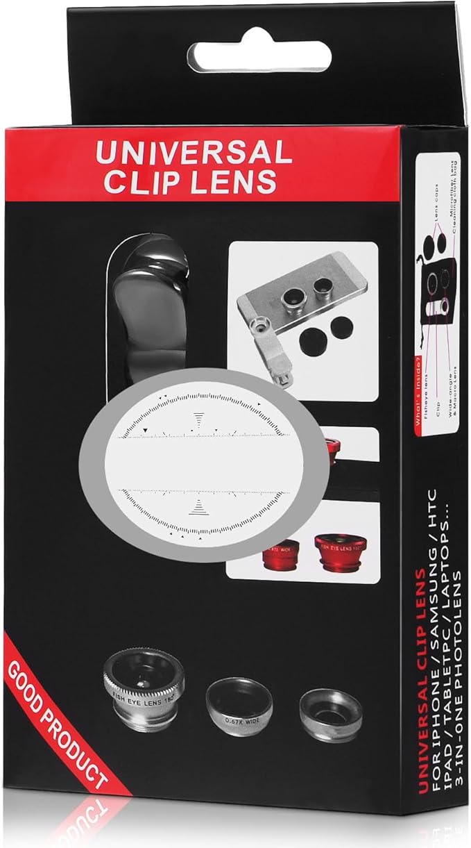 External Lens for Mobile Phone 3-in-1 Fisheye Macro Wide Angle Lens with Clip Aluminum Alloy Compatible with iPhone and Smartphones
