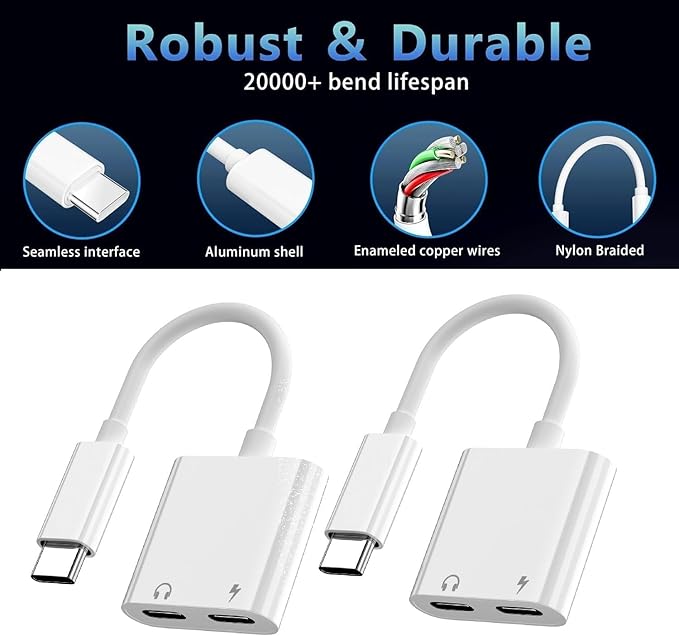 Dual USB C Headphone and Charger Adapter for iPhone 16,Dual USB C AUX + Charger Dongle Splitter Adapter Compatible with iPhone 16/16 Pro/16 Pro Max/15/15Pro/15Pro Max Support Call+Charging( 2Pack)