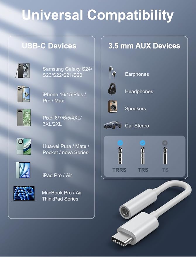USB-C to 3.5mm Audio Headphone Adapter - HiFi 500 Pack Compatible with Apple iPhone 16 15 Samsung Galaxy S25 S24 S23 S22 S21 Plus Pro Max Ultra Pixel iPad - Type C to Aux Cord Jack Dongle Adapter