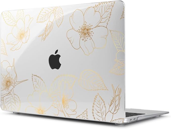 Teryeefi Compatible with 2018 2019 2020 MacBook Air 13 inch Case M1 Chip A2337 A2179 A1932 Retina Display Touch ID, Plastic Hard Shell & Keyboard Cover & Screen Protector,Gold Floral Leaf