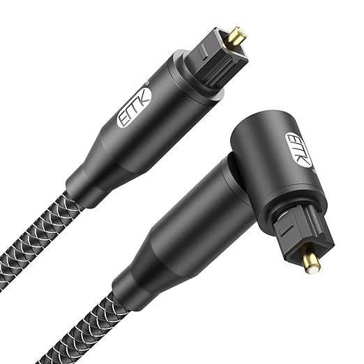 EMK 90 Degree Right Angle Optical Audio Cable [4ft/1.2M] - 360° Rotatable Digital Toslink SPDIF Cable for Soundbar to TV, Home Theater - Black Fiber Optic Cable with Angled Connector