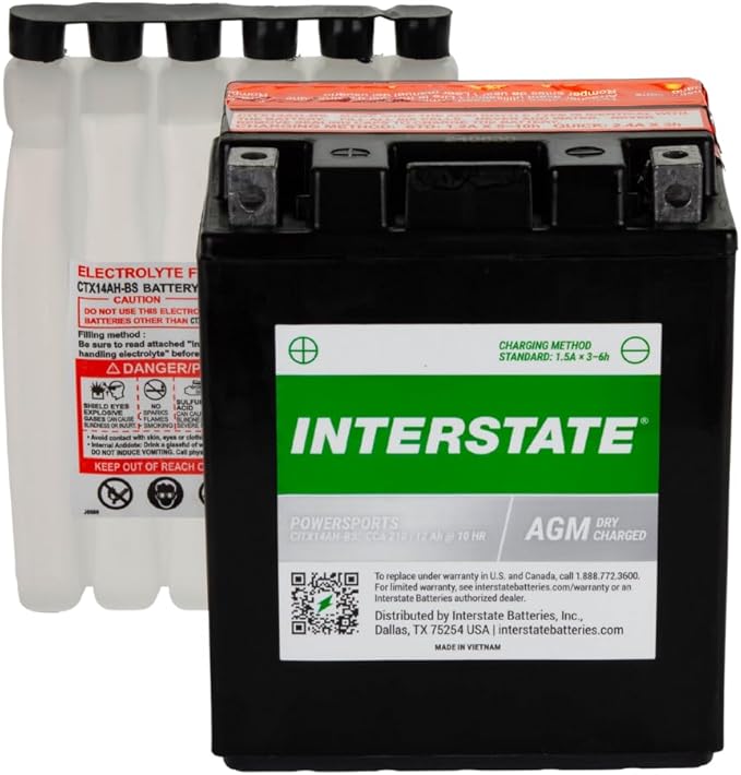 Interstate Batteries YTX14AH-BS 12V 12Ah Powersports Battery 210CCA High-Performance AGM Rechargeable Replacement for Kawasaki, Polaris, Yamaha ATVs, UTVs, Snowmobiles, Motorcycles (CITX14AH-BS)