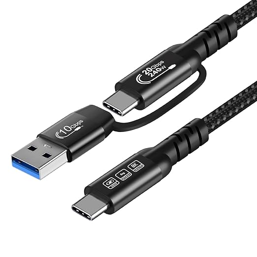 CABLEDECONN USB2.0 A to USB C 3.2 Type C 20Gbps Male to Male Detachable 1m 3.3ft Cable Data Extension 10Gbps 240W Fast Charge 8K Ultra HD Video Data Connection Power Line