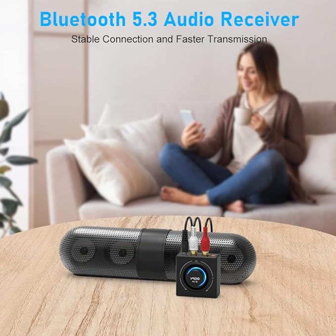 YMOO B06T3 Bluetooth 5.3 Receiver, 100ft RCA Bluetooth Audio Adapter for 3.5mm Jack AUX HiFi Home Stereo/Speaker from Smartphone/Tablet/Laptop,Dual Link for Two Speakers,SBC AAC Audio