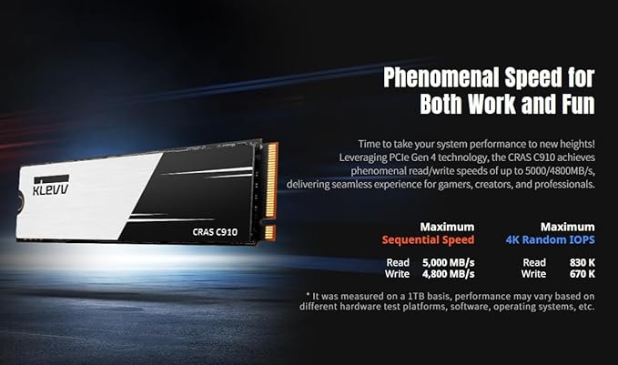 KLEVV CRAS C910 1TB M.2 2280 NVMe PCIe Gen4x4 Laptop & Desktop Internal SSD Heatsink Included, up to 5000MB/s (K01TBM2SP0-C91)
