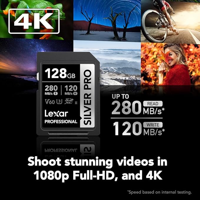 Lexar 128GB Professional SILVER PRO SD Card, UHS-II, C10, U3, V60, Full HD, 4K, Up To 280MB/s Read SDXC Memory Card, for Professional Photographer, Videographer, Enthusiast (LSDSIPR128G-BNNNU)