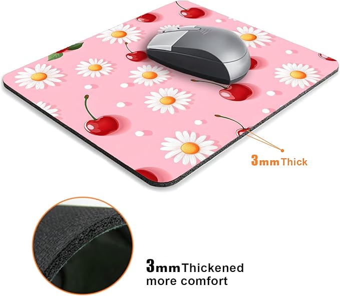 Pink Daisy Cherry Mouse Pads for Desk, Portable Wireless Computer Mouse pad Small Design with Women, Non-Slip Rubber Base Laptop Mousepad 9.5" x 7.9" Smooth Surface for Office & Travel