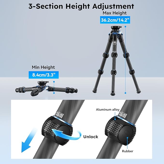 SIRUI Carbon Fiber Tabletop Tripod Kit with ±15° Bowl Adjustment, Compact Ultra-Light Weight Only 0.62kg, Max Load 5kg/11.02lb for Cameras, DSLR（AM-223L）