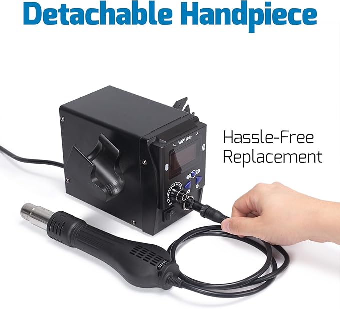 WEP 959D Hot Air SMD Soldering Rework Station with Quick-Change Nozzle System, Nozzle Holder, 5 Additional Nozzles, Adjustable Temperature, °C/°F Conversion and Buzzer Prompt