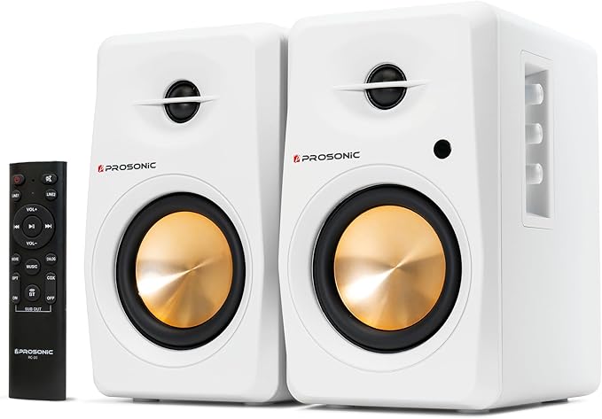 Active Bluetooth Bookshelf Speaker Studio Monitor Home Theater, Optical Input, Coaxial Input, 2 x RCA Aux Input, 30 Watts x 2 (White)