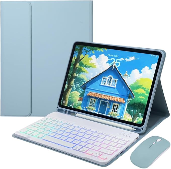 Rainbow Backlit Keyboard Case for iPad Pro 13 inch (M4) 2024 with Mouse and 7 Colors RGB Colorful Backlight Magnetic Detachable Bluetooth Keyboard Cover,Misty Blue