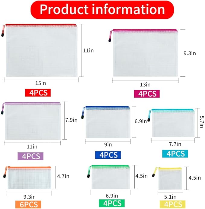 Vuzvuv 34pcs Mesh Zipper Pouch Set ，8 Sizes Plastic Document Pouch with Label Stickers,8 Colors Waterproof Document Mesh Bags for File, Makeup, Board Game School Office Home Travel Storage