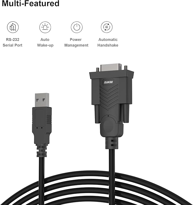 BENFEI USB to Serial Adapter, USB to RS-232 Male (9-pin) DB9 Serial Cable, Prolific Chipset, Windows 11/10/8.1/8/7, Mac OS X 10.6 and Above, 1.8M（Not VGA）