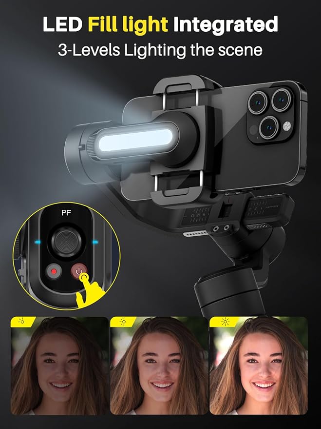 Professional Gimbal Stabilizer for Smartphone,Built-in 18CM Extension Rod and Powerful Fill Light,360°Inception,Face&Object Tracking Stabilizer,3-Axis Gimbal for iPhone& Android-Smart S2