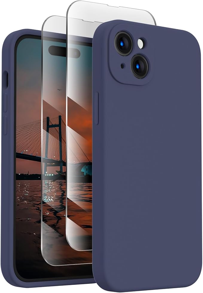 FireNova Designed for iPhone 15 Case, Silicone Upgraded [Camera Protection] Phone Case with [2 Screen Protectors], Soft Anti-Scratch Microfiber Lining Inside, 6.1 inch, Navy Blue