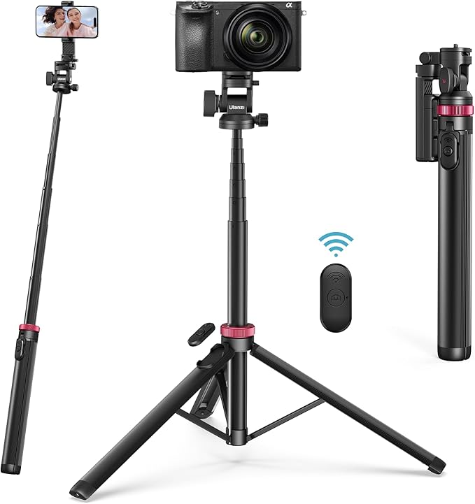 ULANZI MT-78 Extendable Phone Tripod, Metal 72.83" Selfie Stick Camera Tripod Stand with 2 in 1 Phone Clip, 360° Ball Head Camera Tripod with Cold Shoe for iPhone Sony Canon, Lightweight for Travel