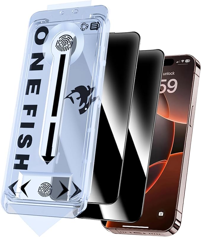 OneFish Screen Protector Privacy for IPhone 16e/13/13PRO/14, Anti Spy Private Tempered Glass, Edge Protection, Dynamic Island Compatible with Installation Frame, 9H Hardness Scratch Resistant,2Pack