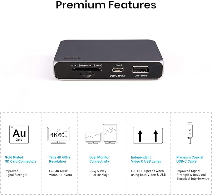 CalDigit USB-C 10Gb/s SOHO Dock - Up to 4K 60Hz, HDMI 2.0b, DisplayPort 1.4, 10Gb/s USB A & USB C, UHS-II microSD and SD Card Readers, Bus Power and Passthrough Charging, Steam Deck Compatible