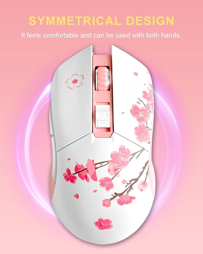 DAREU Sakura Pink Wireless Wired Gaming Mouse, Dual-Mode Rechargeable 6 Programmable Buttons,10K DPI,RGB and 7 Adjustable DPI Levels up to [150IPS] [1000Hz Polling Rate] for PC Notebook Mac