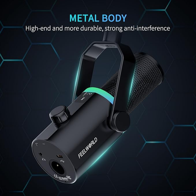 FEELWORLD PM1 XLR USB Dynamic Microphone Gifts for Podcast Recording PC Computer Gaming Live Streaming Vocal Voice-Over, Studio Metal Mic with Voice-Isolating, RGB Light, Mute Button, Headphones Jack