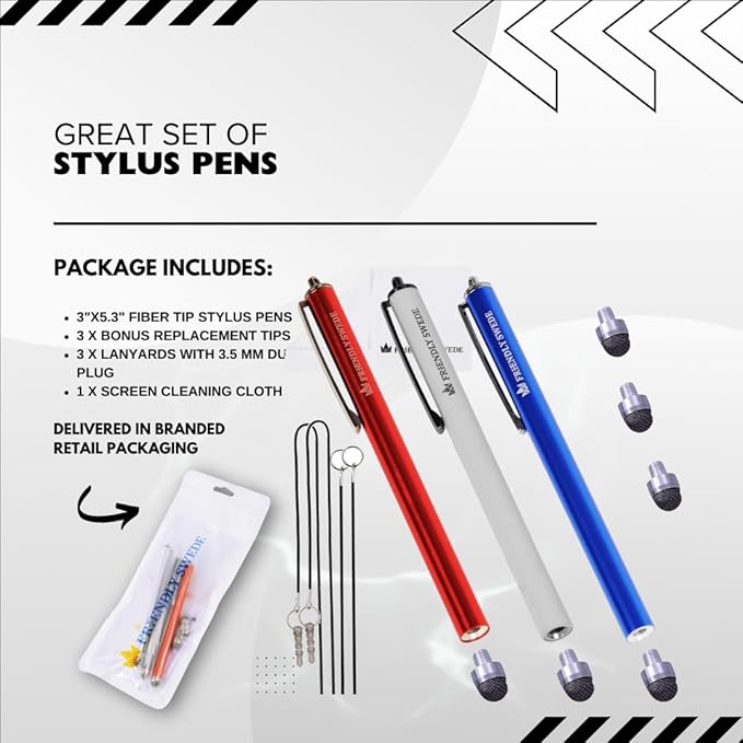 The Friendly Swede Mesh Tip Stylus Pen for Touchscreen — 3-Pack Micro-Knit Capacitive Stylus Pen for iPad & iPhone with 3 Replaceable Fiber Tips, Elastic Lanyards & Screen Cleaning Cloth