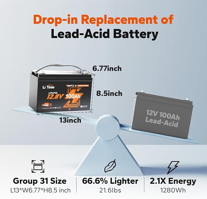 LiTime 12V 100Ah LiFePO4 Group 31 Battery, Compatible with Victron, Built-in 100A BMS & Bluetooth, Low-Temperature Protection, CAN/RS485 Communication, Ideal for Trolling Motors, Marine, RV & Off-Grid