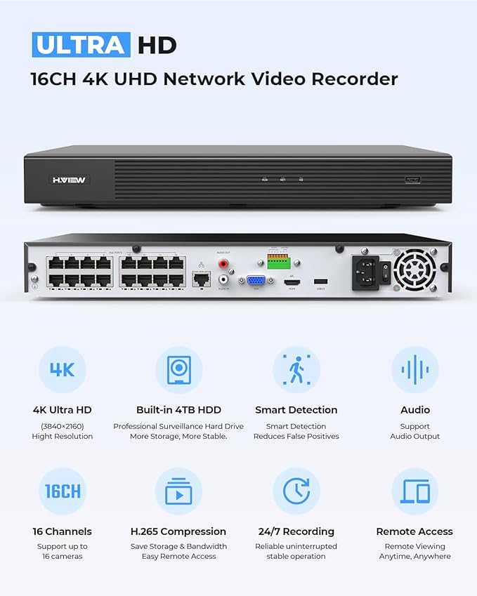 H.VIEW 4K 16 Channel Security Camera System 16Pcs CCTV Camera kit PoE 8MP Indoor Outdoor Dome Wired Surveillance Video with Audio,16CH 4K H.265 NVR with 4TB HDD, CCTV Surveillance for Businesses