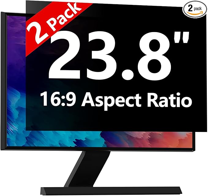 【2-Pack】 23.8 Inch Computer Privacy Screen for 16:9 Monitors with Anti-Spy Anti-Glare Filter, Blue Light Blocking & Eye Protection, Removable Anti-Scratch HD Clarity Screen Protector