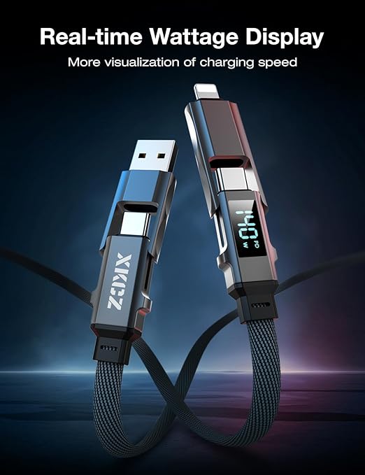4 in 1 USB C Cable with Wattage Display, 140W Flat Nylon Braided Multi Charge Cable with Data Sync, USB C Charging Cord Combo Type C/USB A/L Port for iPhone/iPad/Samsung/Laptop, 3FT
