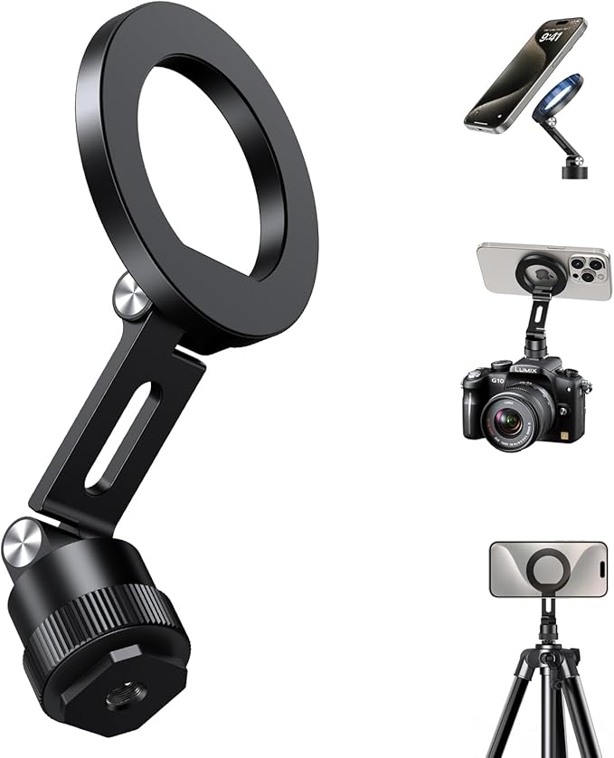 elitehood Magnetic Phone Tripod Mount for Magsafe, Aluminum iPhone Tripod Mount Adapter with 1/4” Screw, Cold Shoe Phone Holder for Camera, Compatible with iPhone 16/15/14/13 Series