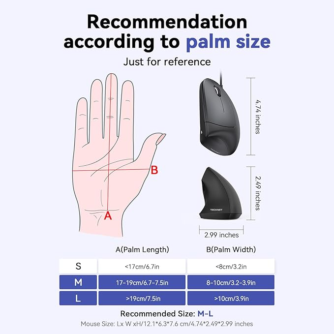 TECKNET Wired Mouse, 6400 DPI Ergonomic Mouse 6 Buttons Silent Mice 4 Adjustable DPI Vertical Mouse Compatible with Windows/Chrome/Laptop/Computer