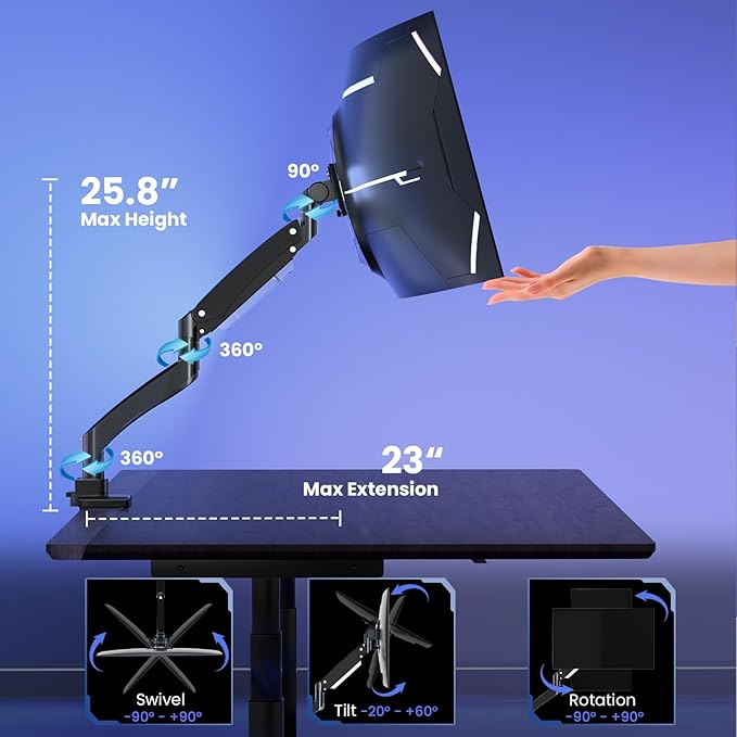 Ultrawide Monitor-Arm Heavy Duty 22-57‘’ - PUTORSEN Aluminum Single Monitor Mount Holds up to 59.4 lbs, Premium Adjustable Desk Mount Stand, VESA 75/100/200 mm, Black